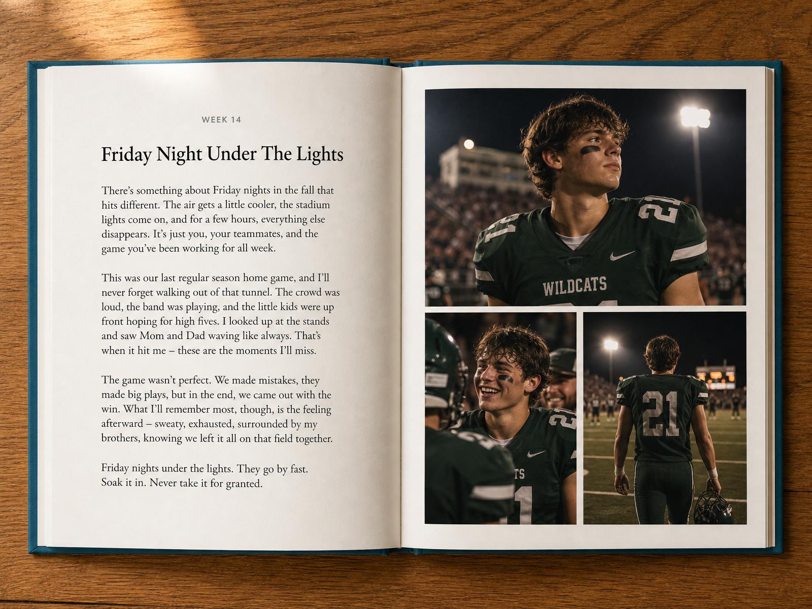 An open Cap & Caption book showing a Week 14 story on the left page and a Friday-night football photo collage on the right page.