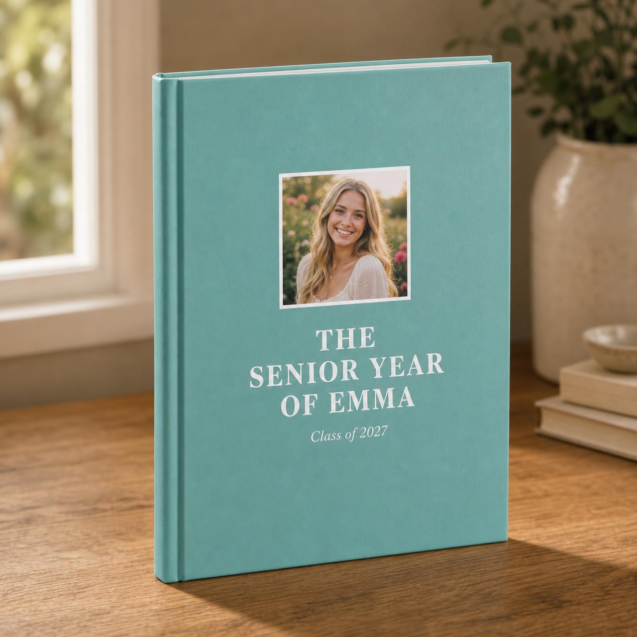 A teal hardcover keepsake book titled ‘The Senior Year — Class of 2027’ next to an open page showing a Friday-night football photo and a handwritten caption.